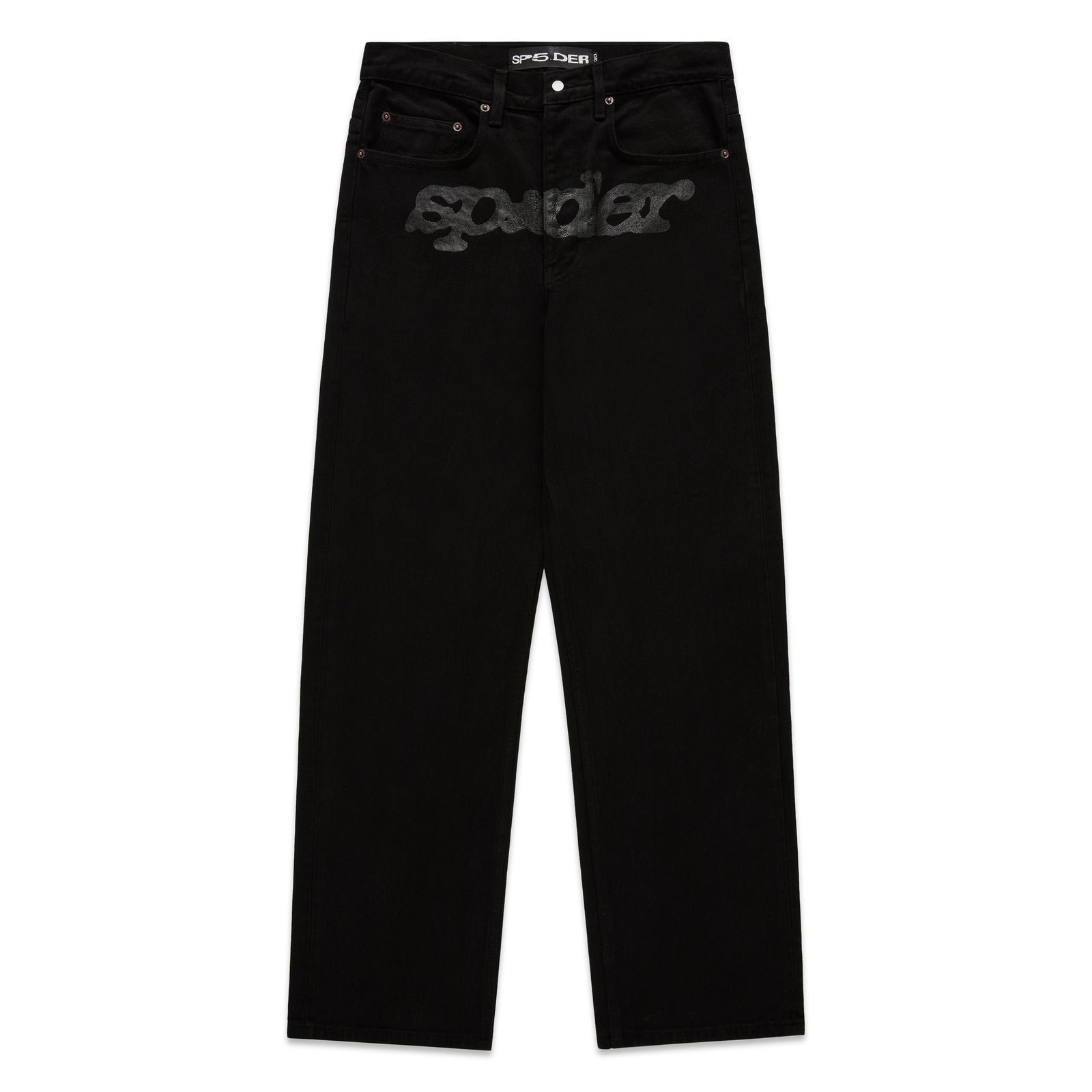 Black V3 DENIM straight leg jeans with printed V3 logo at crotch, custom hardware, and five-pocket styling.