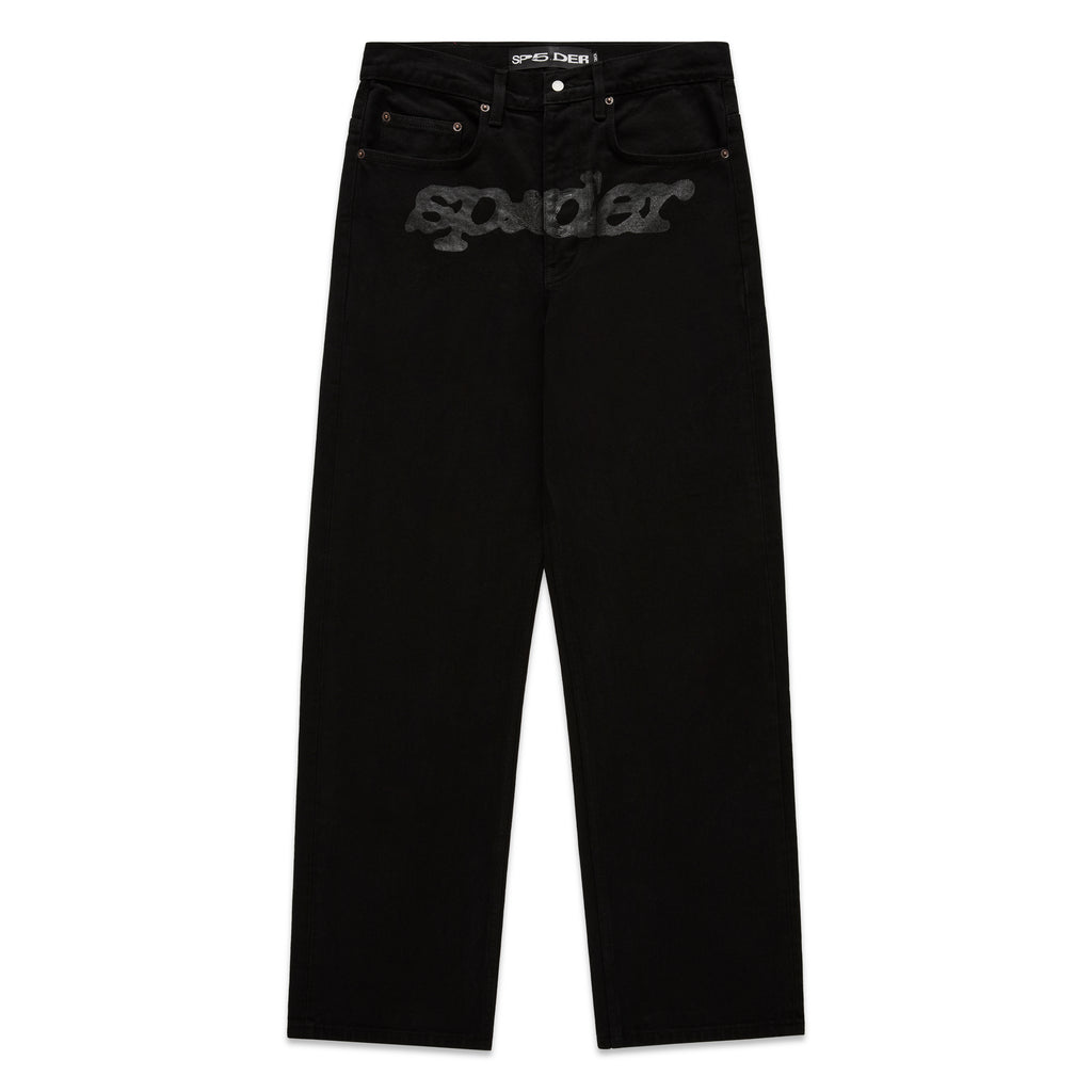 Black V3 DENIM straight leg jeans with printed V3 logo at crotch, custom hardware, and five-pocket styling.