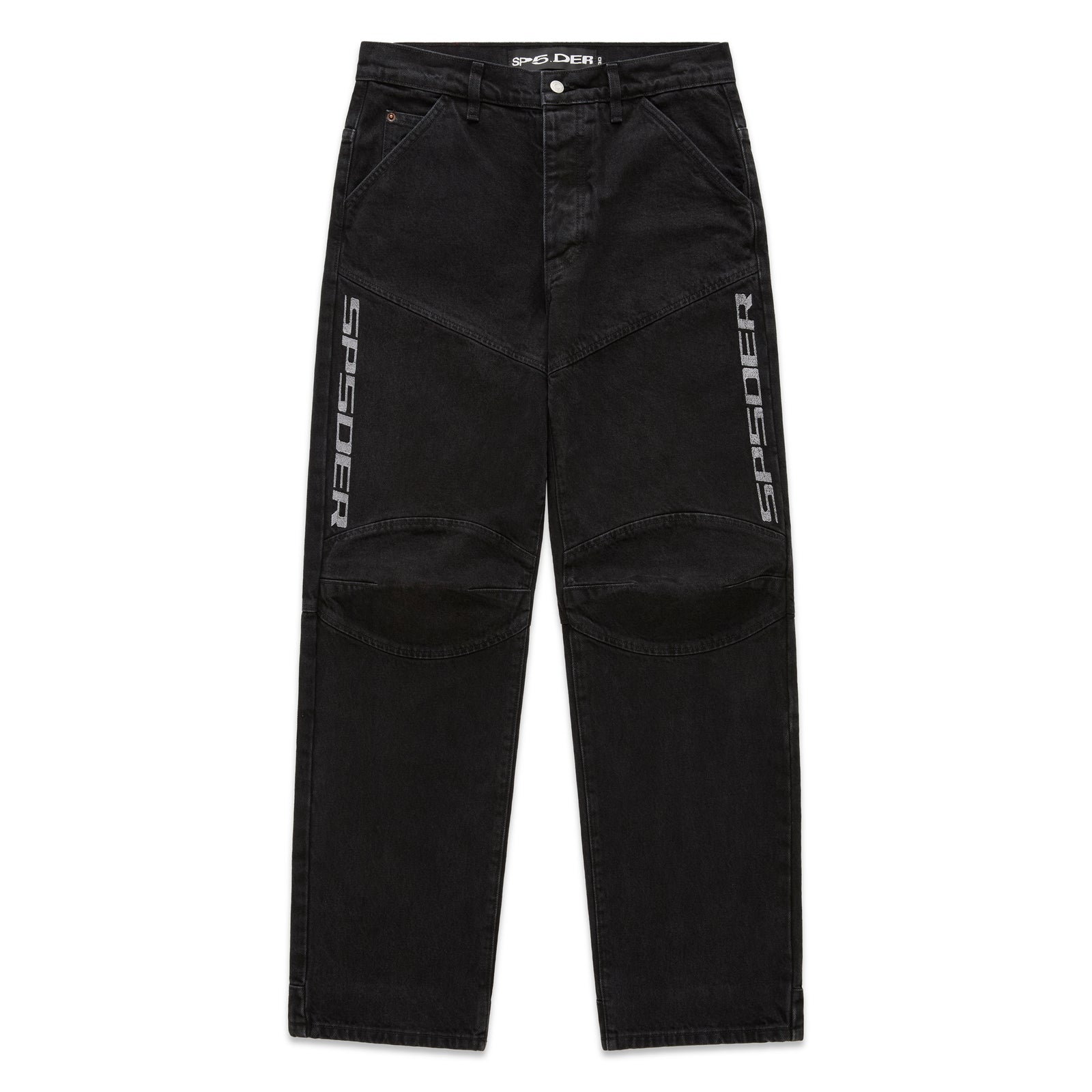 Faded black denim jeans with "SP5DER" logo, paneled knees, and distressed details.