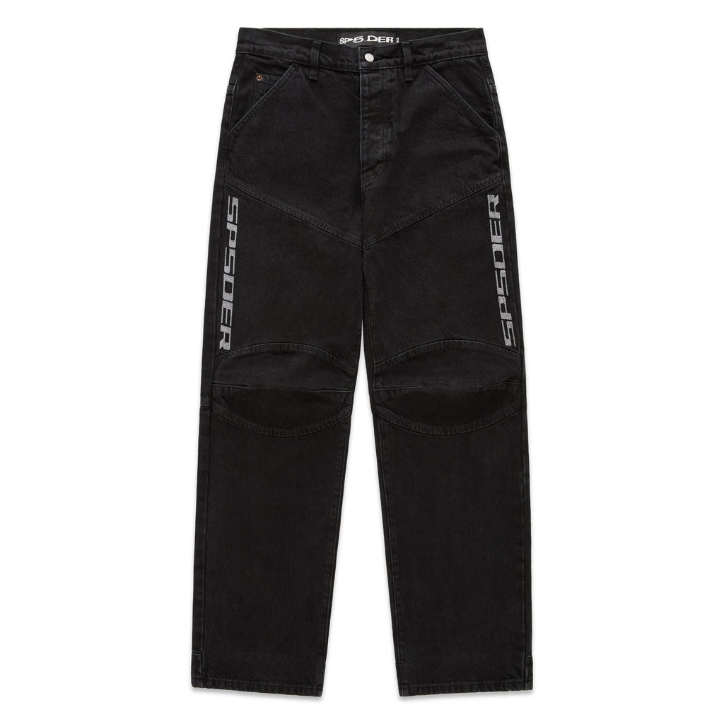 Faded black denim jeans with "SP5DER" logo, paneled knees, and distressed details.