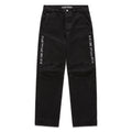 Faded black denim jeans with "SP5DER" logo, paneled knees, and distressed details.