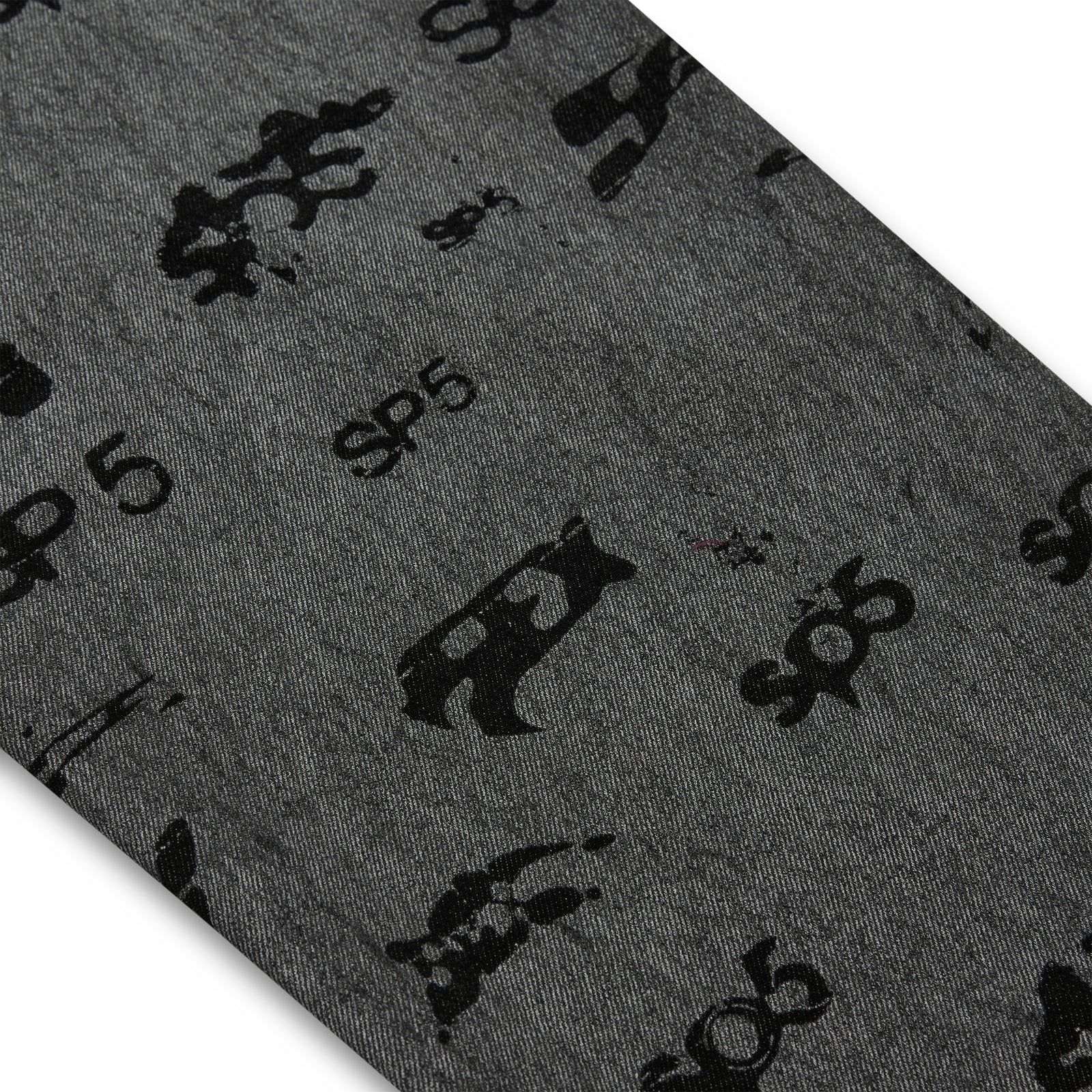 Gray denim pant with all-over black SP5DER print and subtle red contrast stitching.
