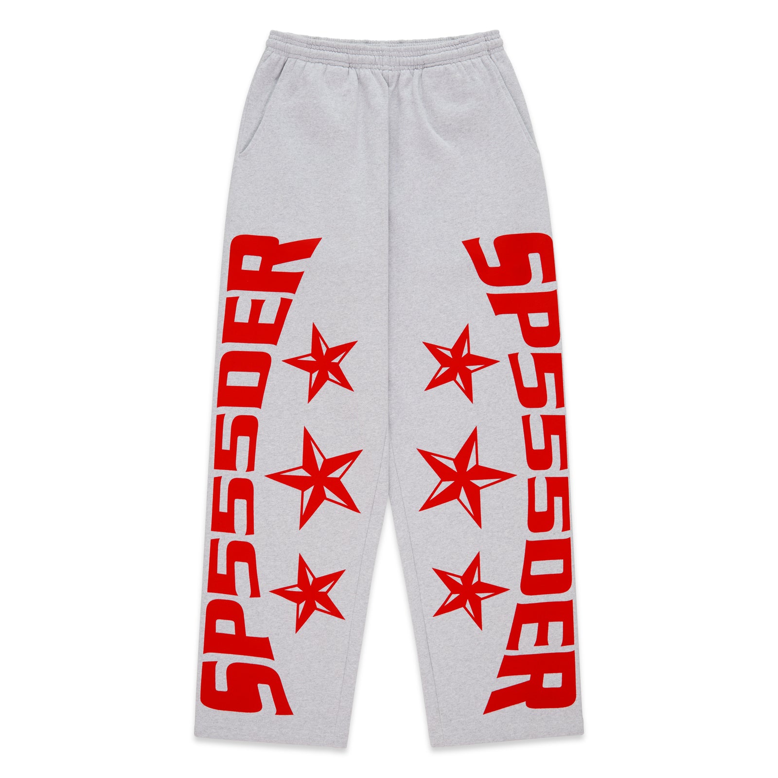 Grey MX555 SWEATPANT with red foil SP5DER logo and star print, elastic drawstring waistband, wide-leg.