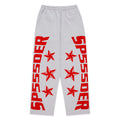 Grey MX555 SWEATPANT with red foil SP5DER logo and star print, elastic drawstring waistband, wide-leg.