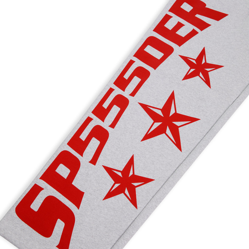 MX555 grey cotton fleece sweatpant with bold red SP5DER text and star print.