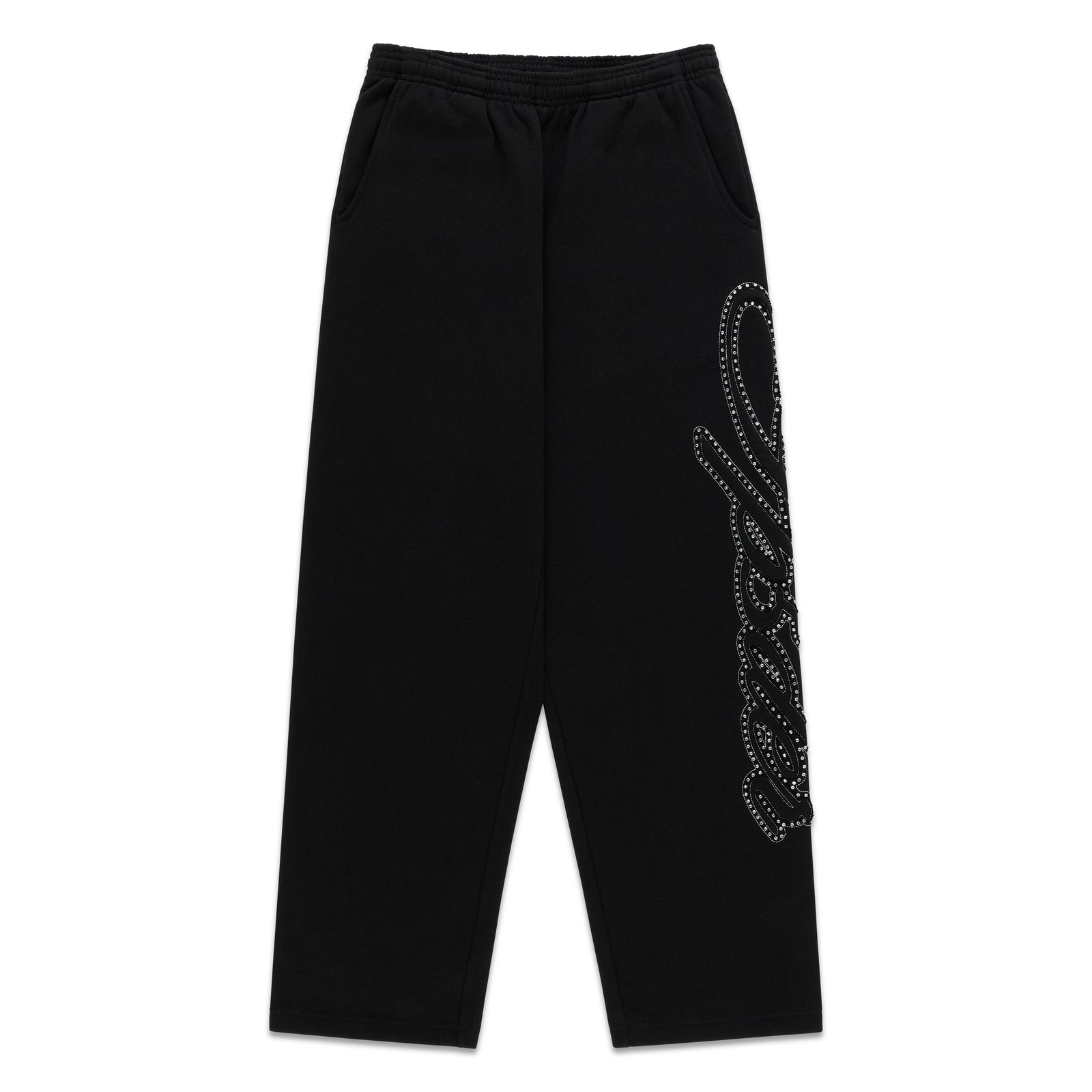 Black 100% cotton wide-leg sweatpants with rhinestone script text down the left leg.