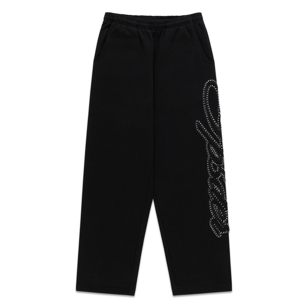 Black 100% cotton wide-leg sweatpants with rhinestone script text down the left leg.