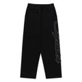 Black 100% cotton wide-leg sweatpants with rhinestone script text down the left leg.