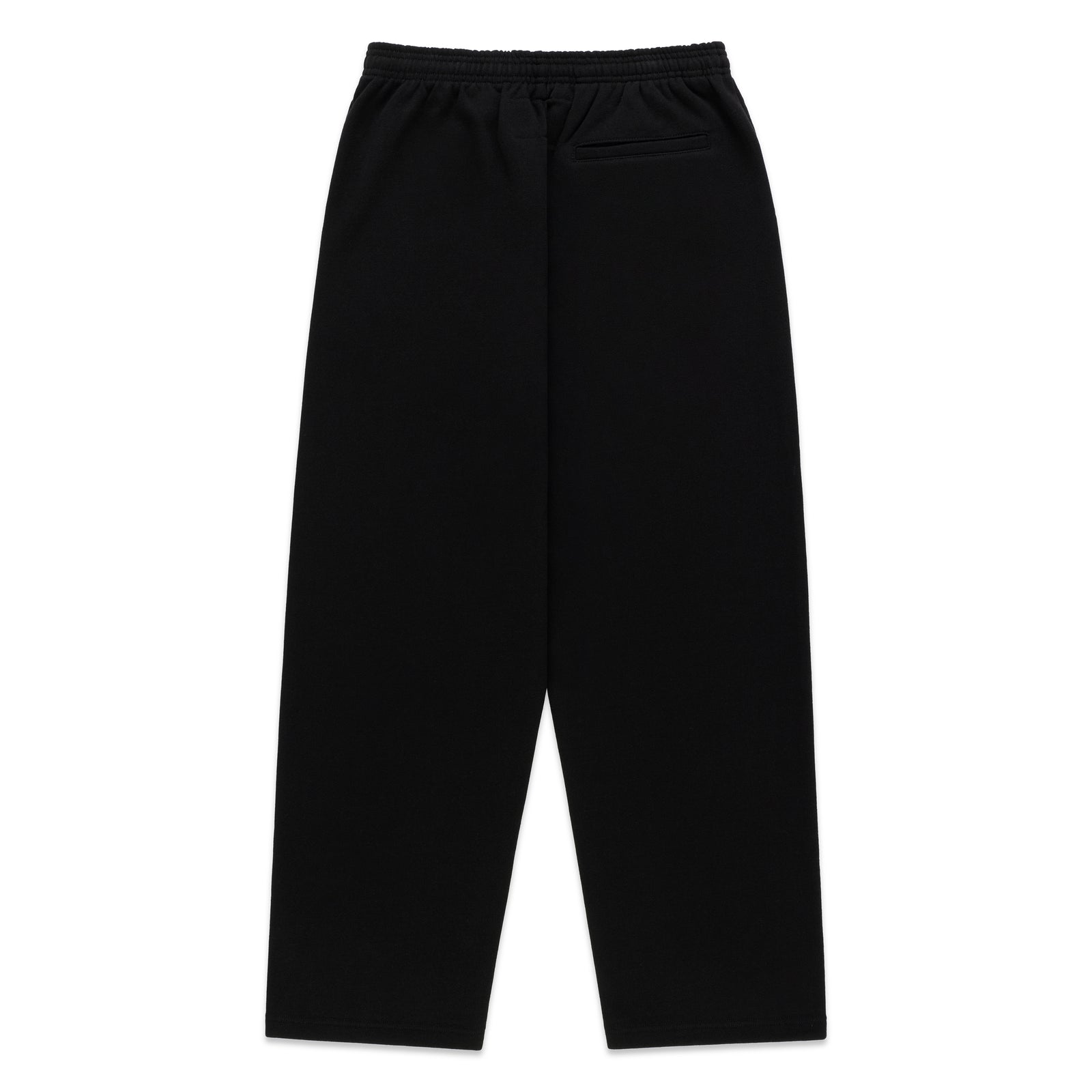 Black 100% cotton fleece wide-leg sweatpants with elasticized drawstring waistband and three-pocket styling.