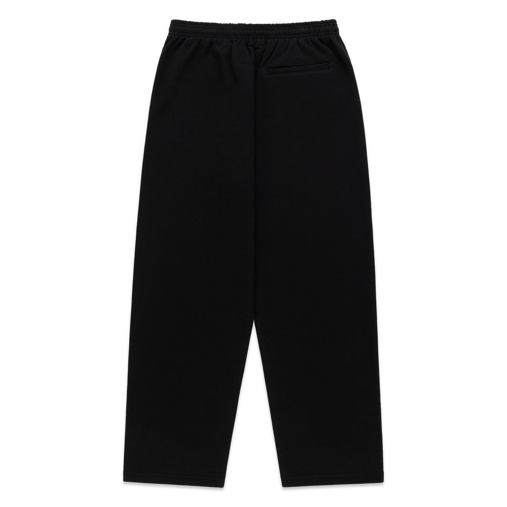 Black 100% cotton fleece wide-leg sweatpants with elasticized drawstring waistband and three-pocket styling.