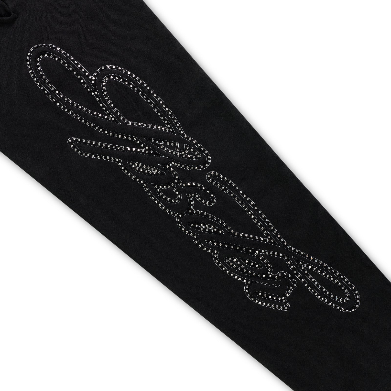 Black cotton wide-leg sweatpant with rhinestone script text design down the leg.