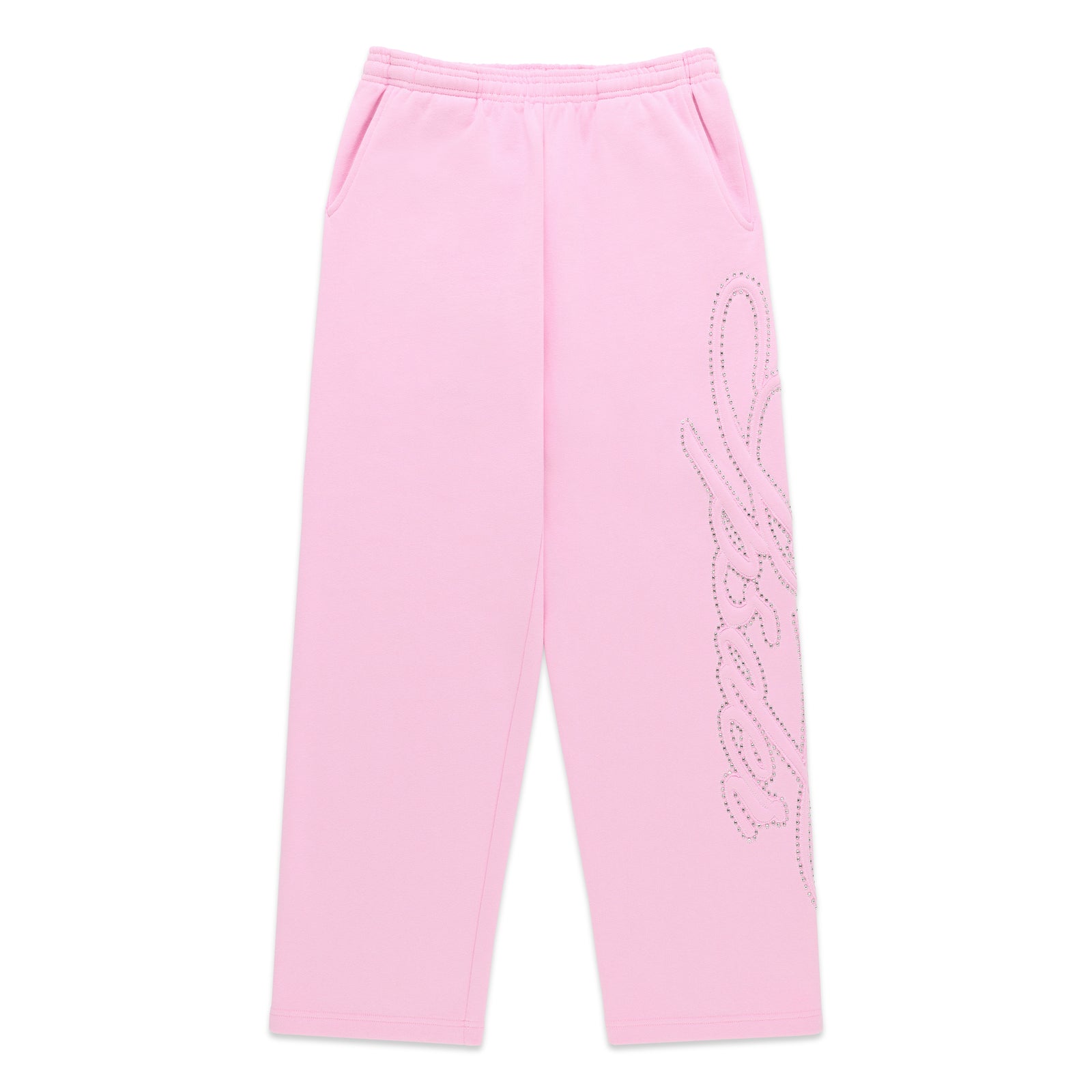 Pink 100% cotton wide-leg sweatpants with rhinestone script text design down the left leg.