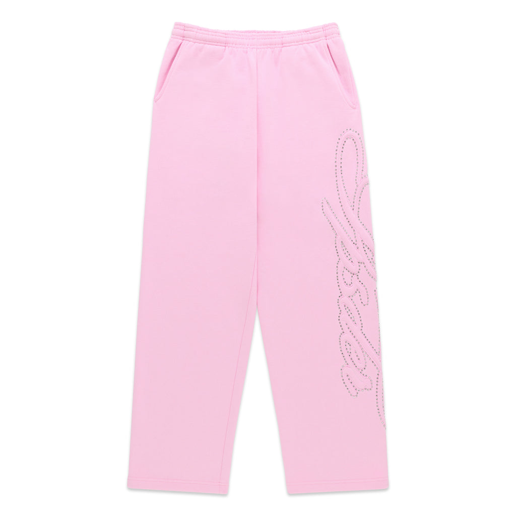 Pink 100% cotton wide-leg sweatpants with rhinestone script text design down the left leg.