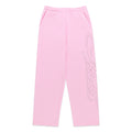 Pink 100% cotton wide-leg sweatpants with rhinestone script text design down the left leg.