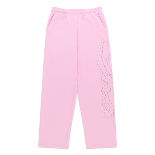 Pink 100% cotton wide-leg sweatpants with rhinestone script text design down the left leg.