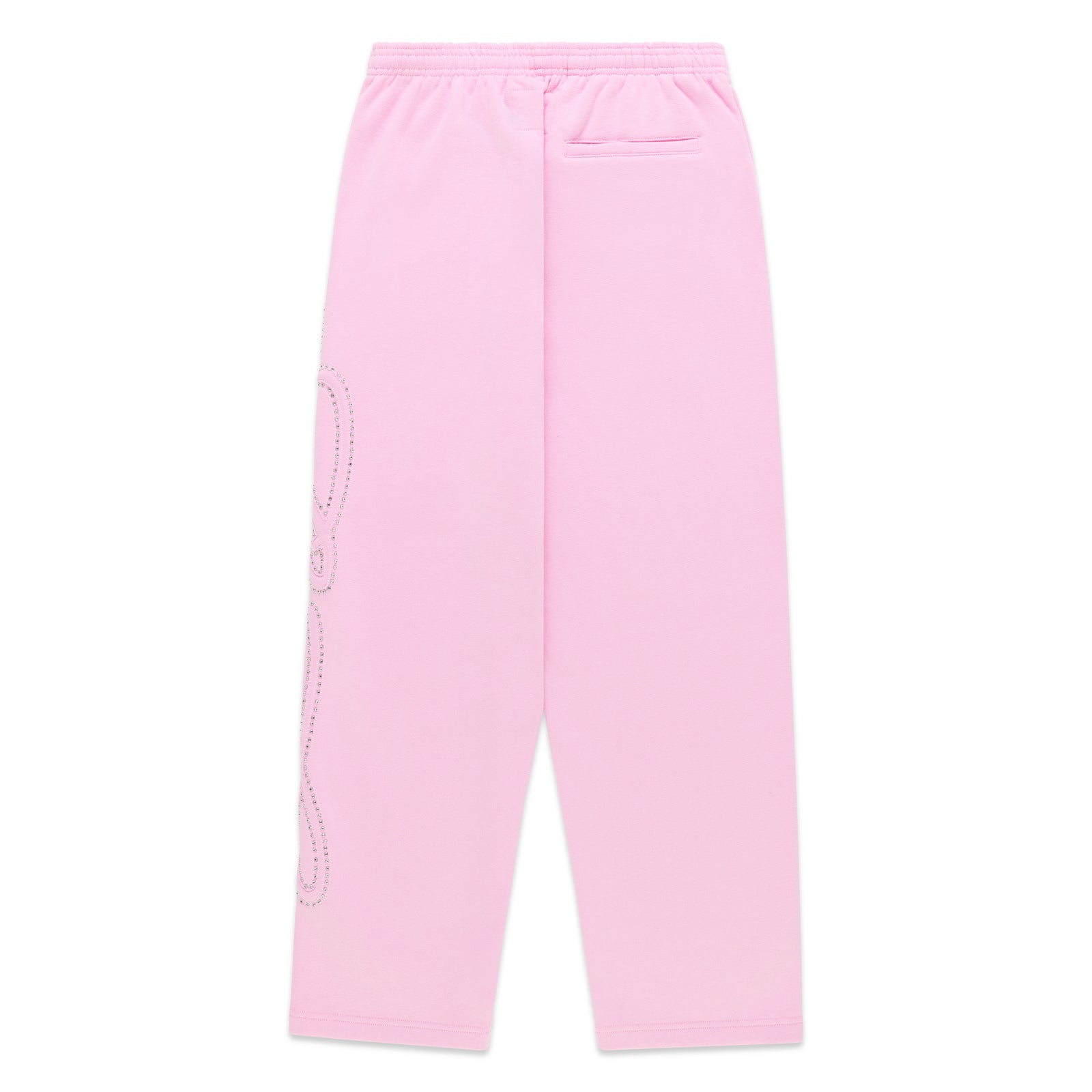 Pink wide-leg sweatpants with rhinestone script down the left leg and an elastic drawstring waistband.