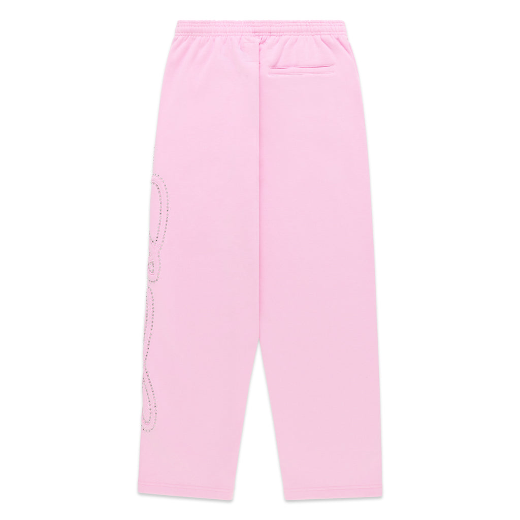Pink wide-leg sweatpants with rhinestone script down the left leg and an elastic drawstring waistband.