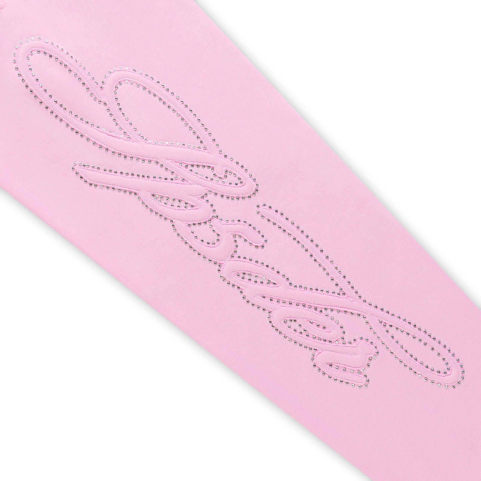 Pink cotton wide-leg sweatpant with rhinestone script text design down the leg.