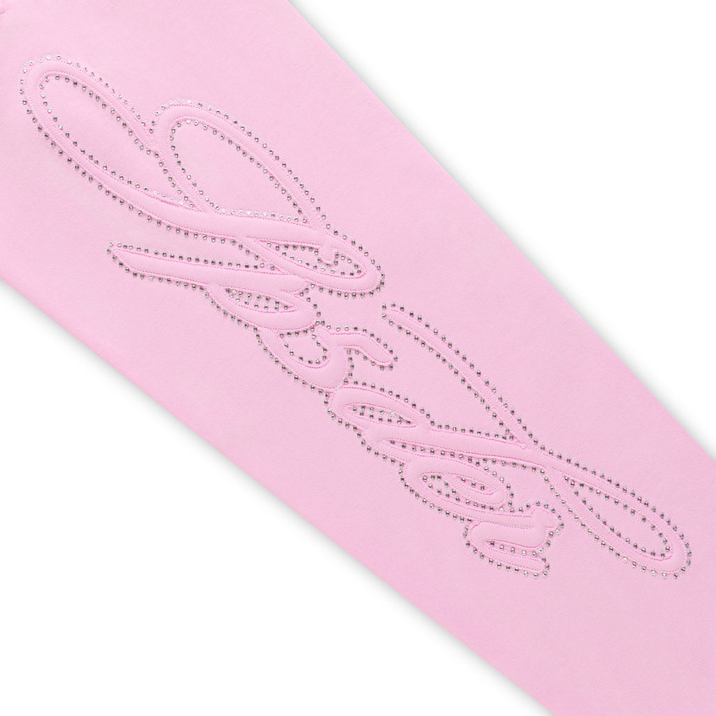 Pink cotton wide-leg sweatpant with rhinestone script text design down the leg.