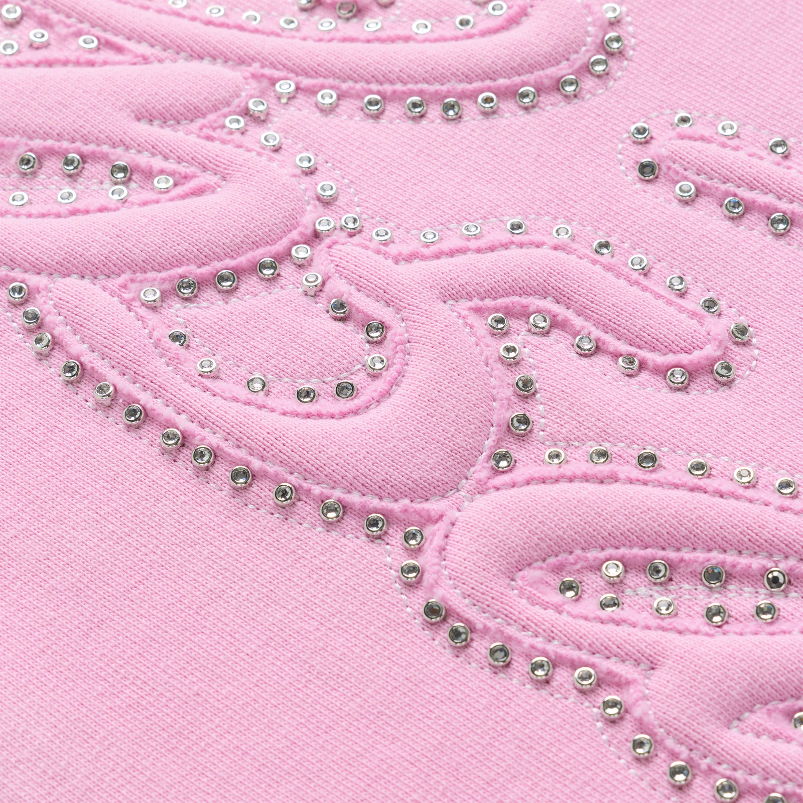 Pink 100% cotton fleece sweatpant with rhinestone script text design.