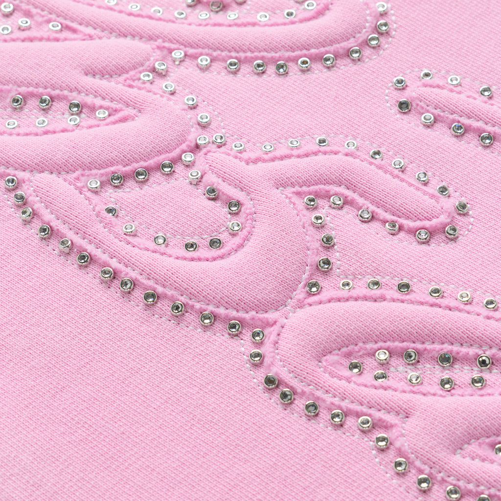Pink 100% cotton fleece sweatpant with rhinestone script text design.
