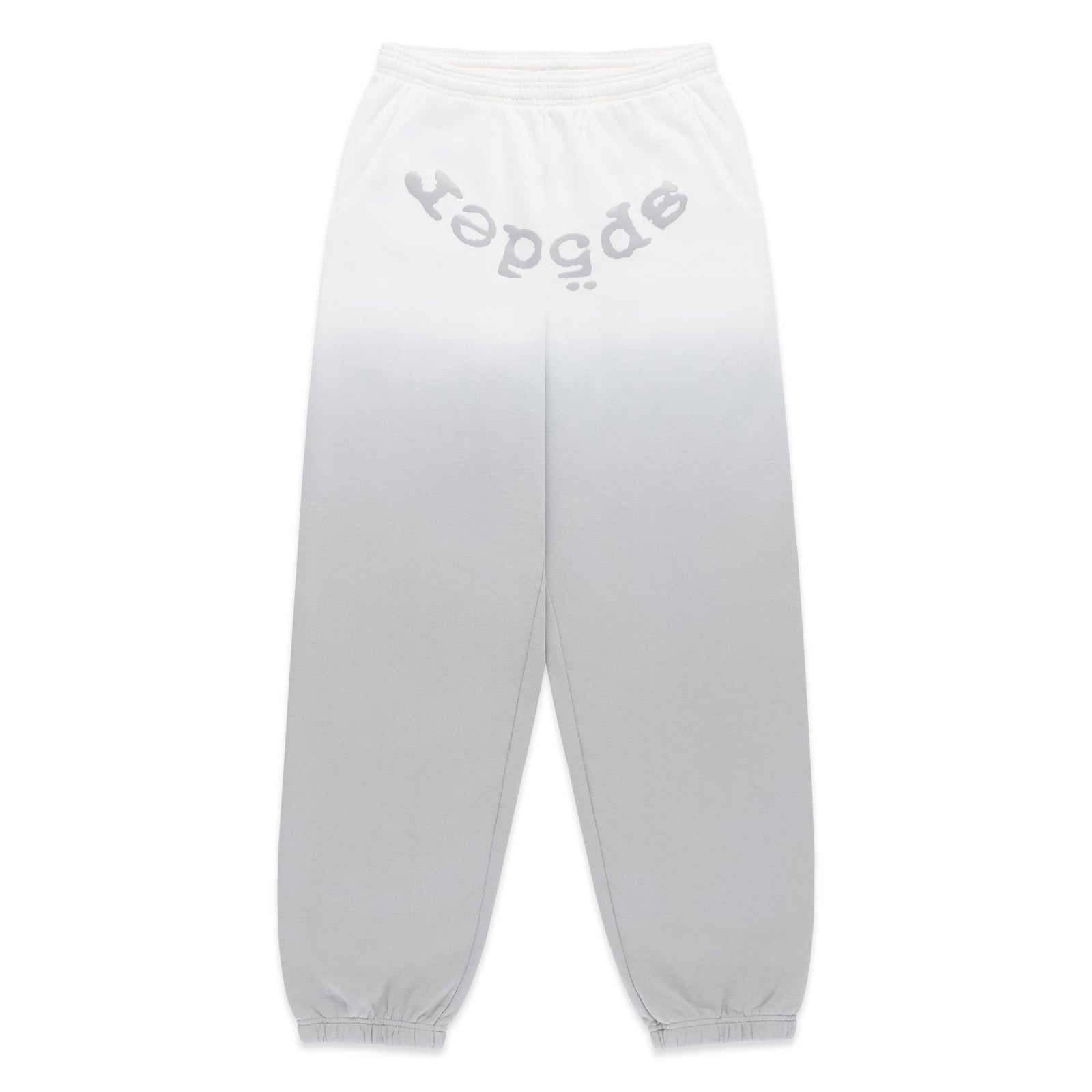 OG WEB OMBRE SWEATPANT: White to grey ombre 100% cotton fleece sweatpants with "SP5DER" text at crotch.