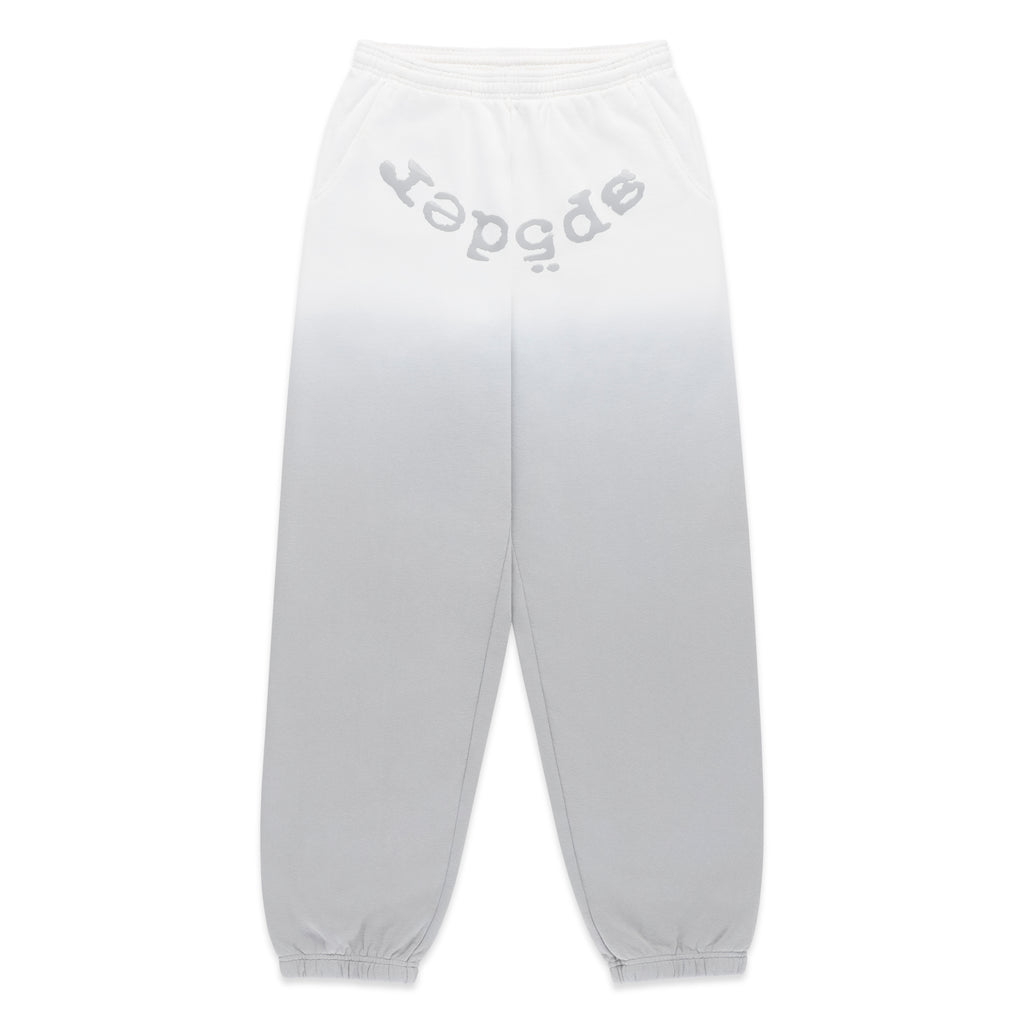 OG WEB OMBRE SWEATPANT: White to grey ombre 100% cotton fleece sweatpants with "SP5DER" text at crotch.