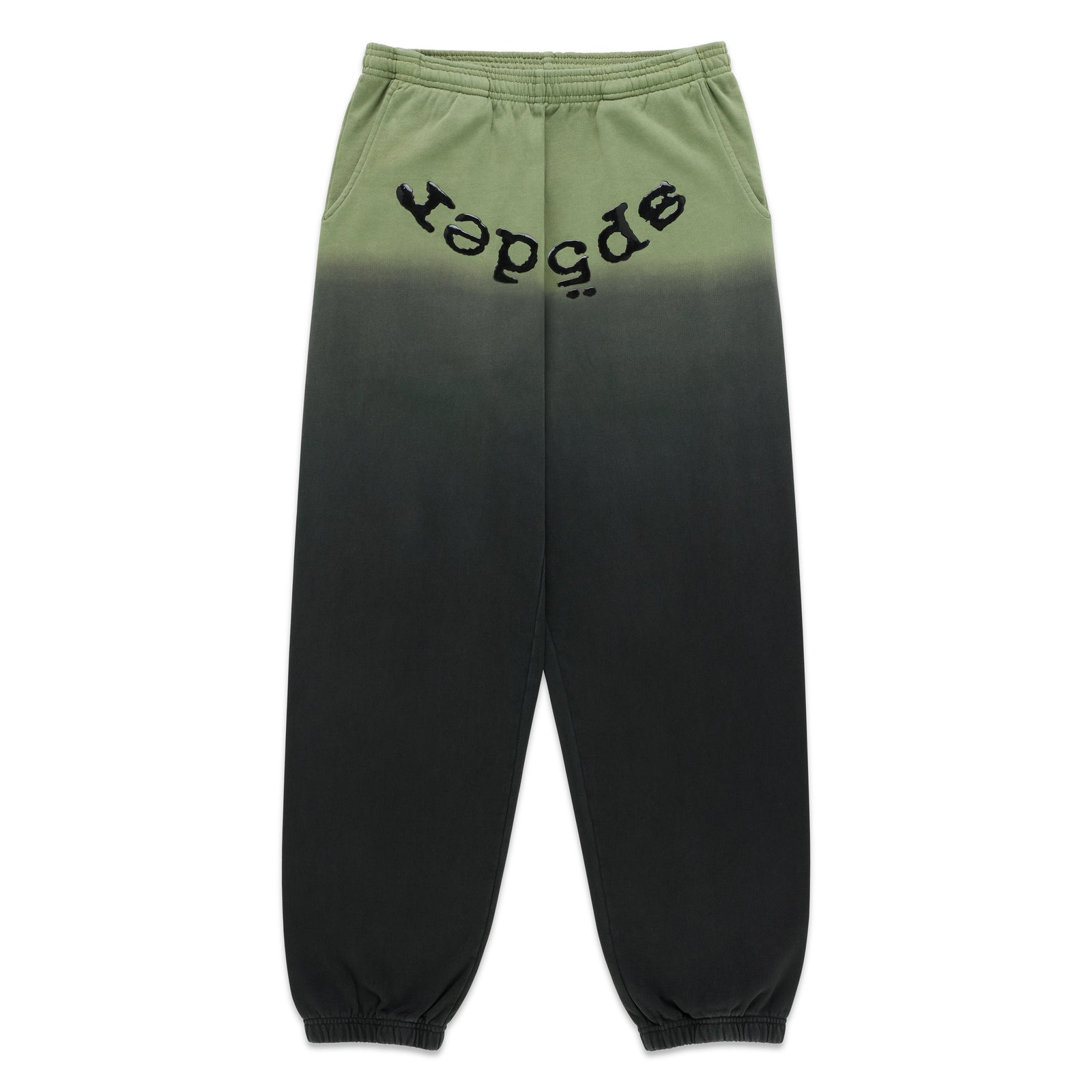 OG WEB OMBRE SWEATPANT: Green to black ombre cotton fleece sweatpants with "SP5DER" text at crotch.