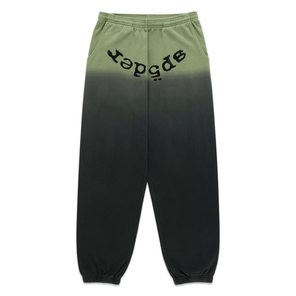 OG WEB OMBRE SWEATPANT: Green to black ombre cotton fleece sweatpants with "SP5DER" text at crotch.