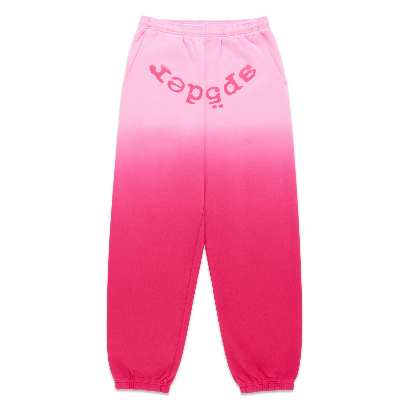 Pink ombre fleece sweatpants with "SP5DER" text at the crotch, elastic waistband, and cuffs.