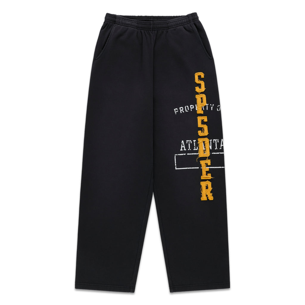 Black cotton fleece sweatpants with yellow chenille "SPIDER" lettering and faded graphic.
