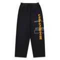 Black cotton fleece sweatpants with yellow chenille "SPIDER" lettering and faded graphic.