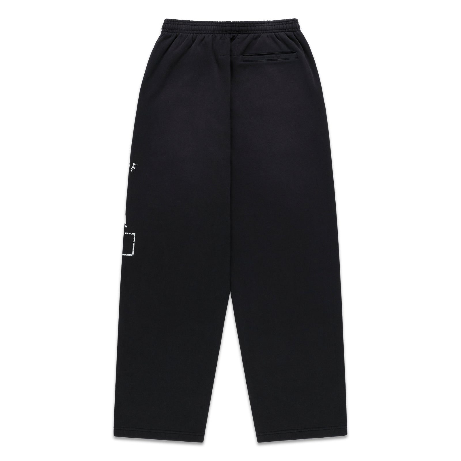 Black cotton fleece wide-leg sweatpants with faded white graphic print and elastic waistband.