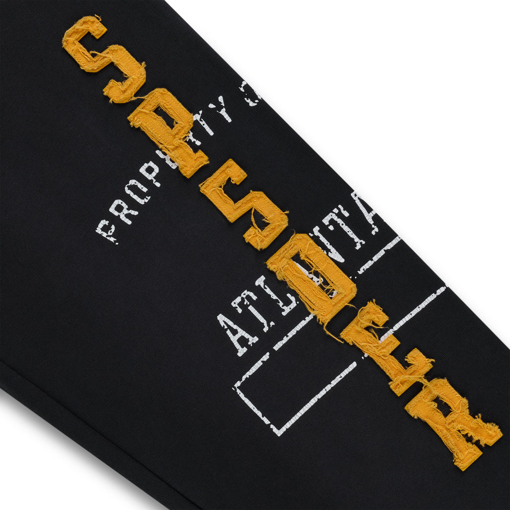 Black cotton fleece sweatpant with raised, frayed orange "SPSDER" lettering and faded white graphic print.