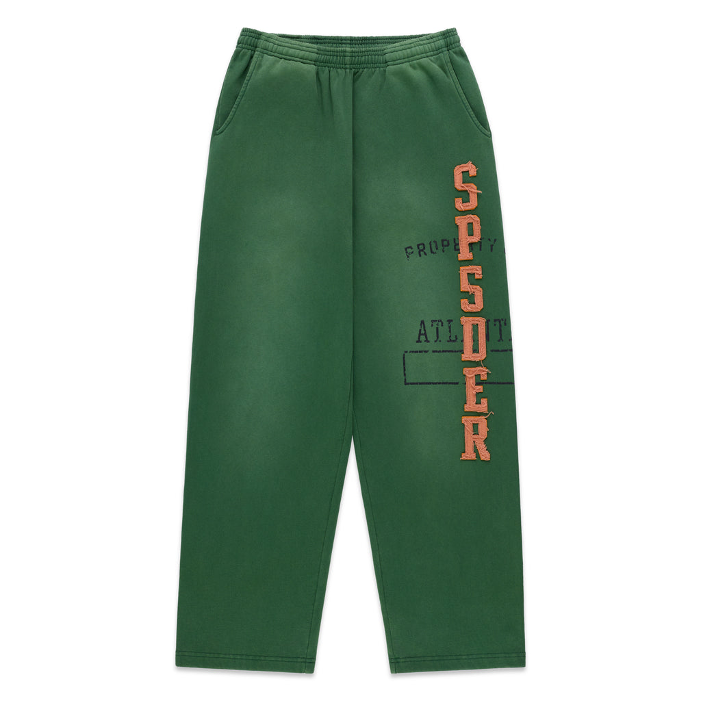Green cotton fleece sweatpants with raised chenille "SPSDER" lettering and frayed edges.