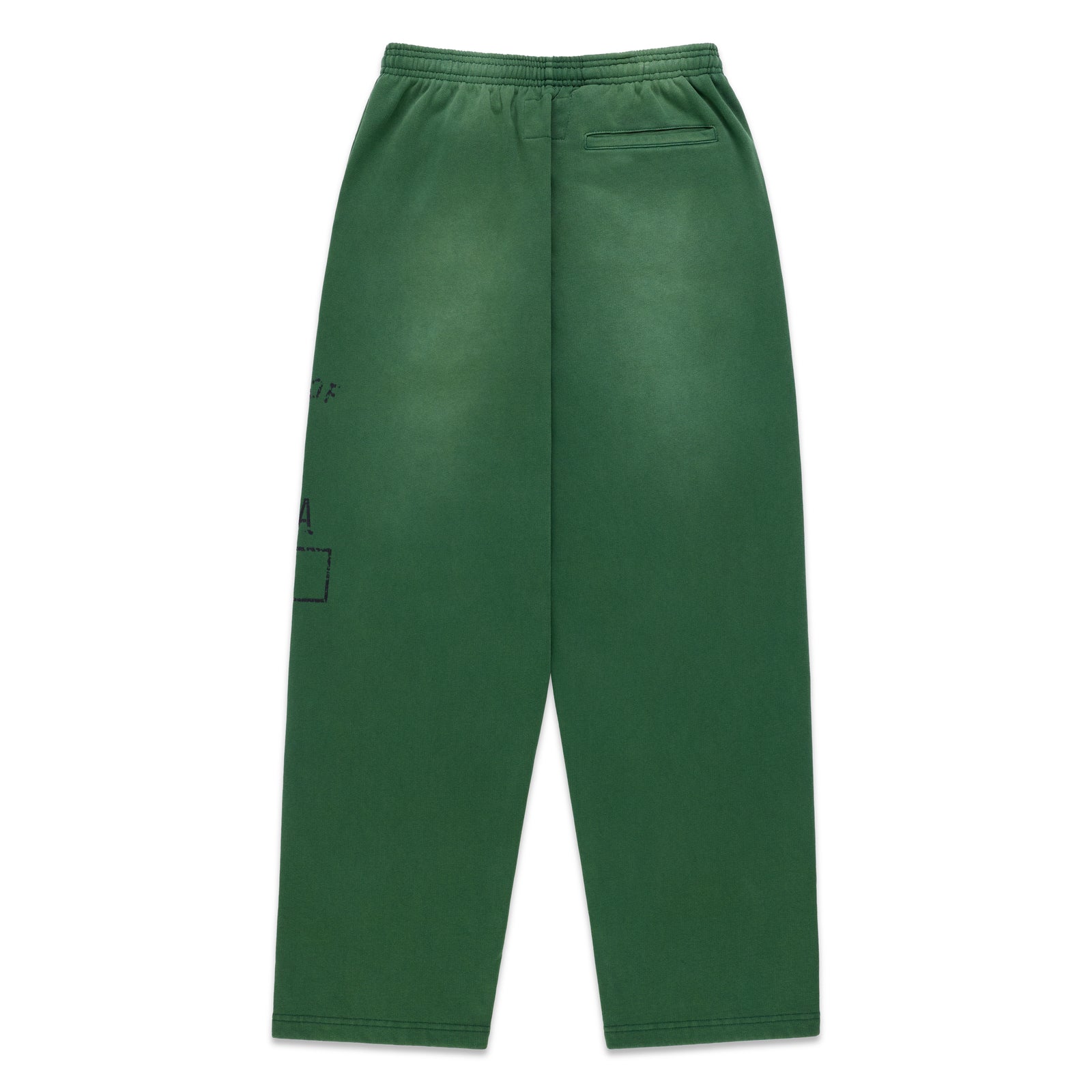Green cotton fleece sweatpants with faded graphic print and wide-leg silhouette.