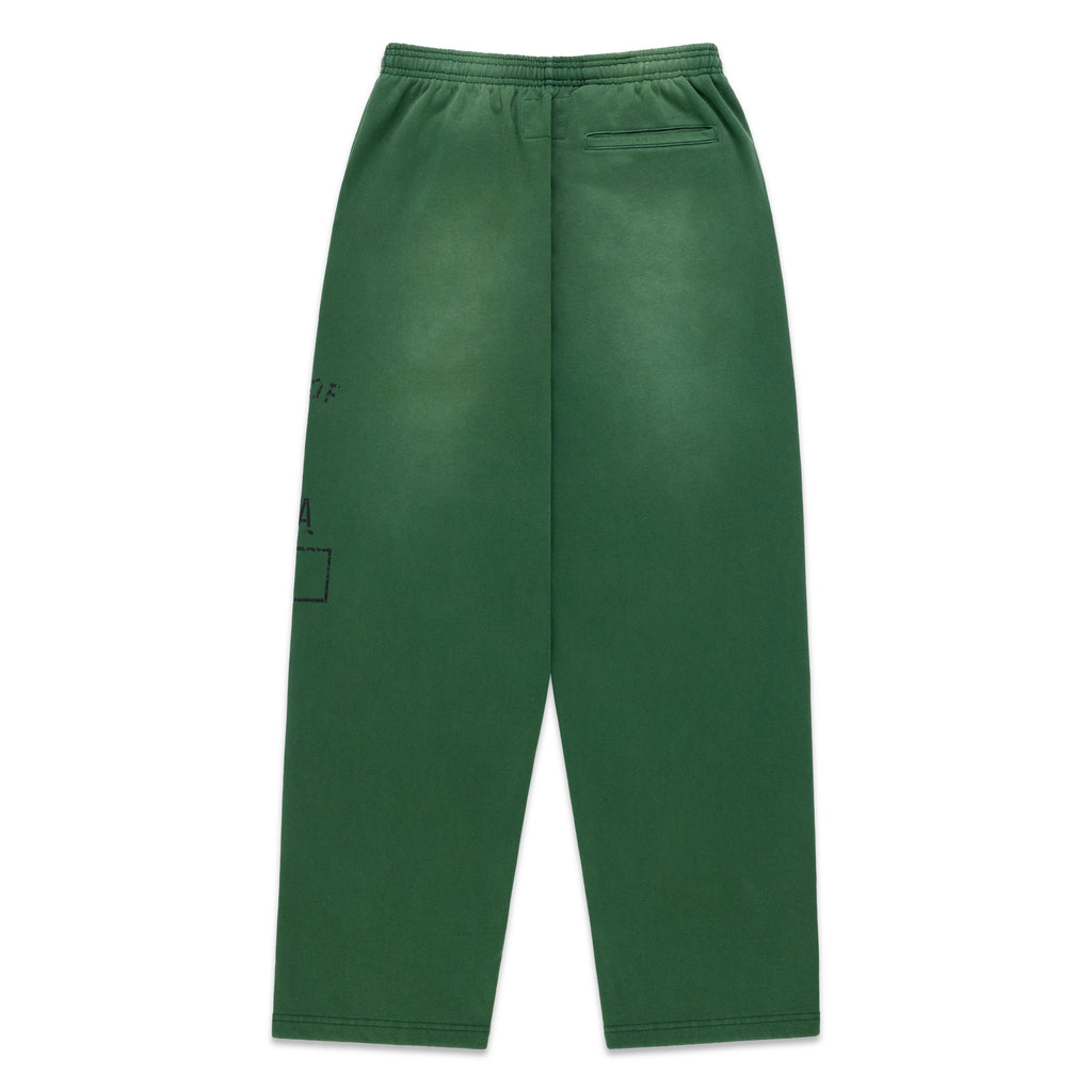 Green cotton fleece sweatpants with faded graphic print and wide-leg silhouette.