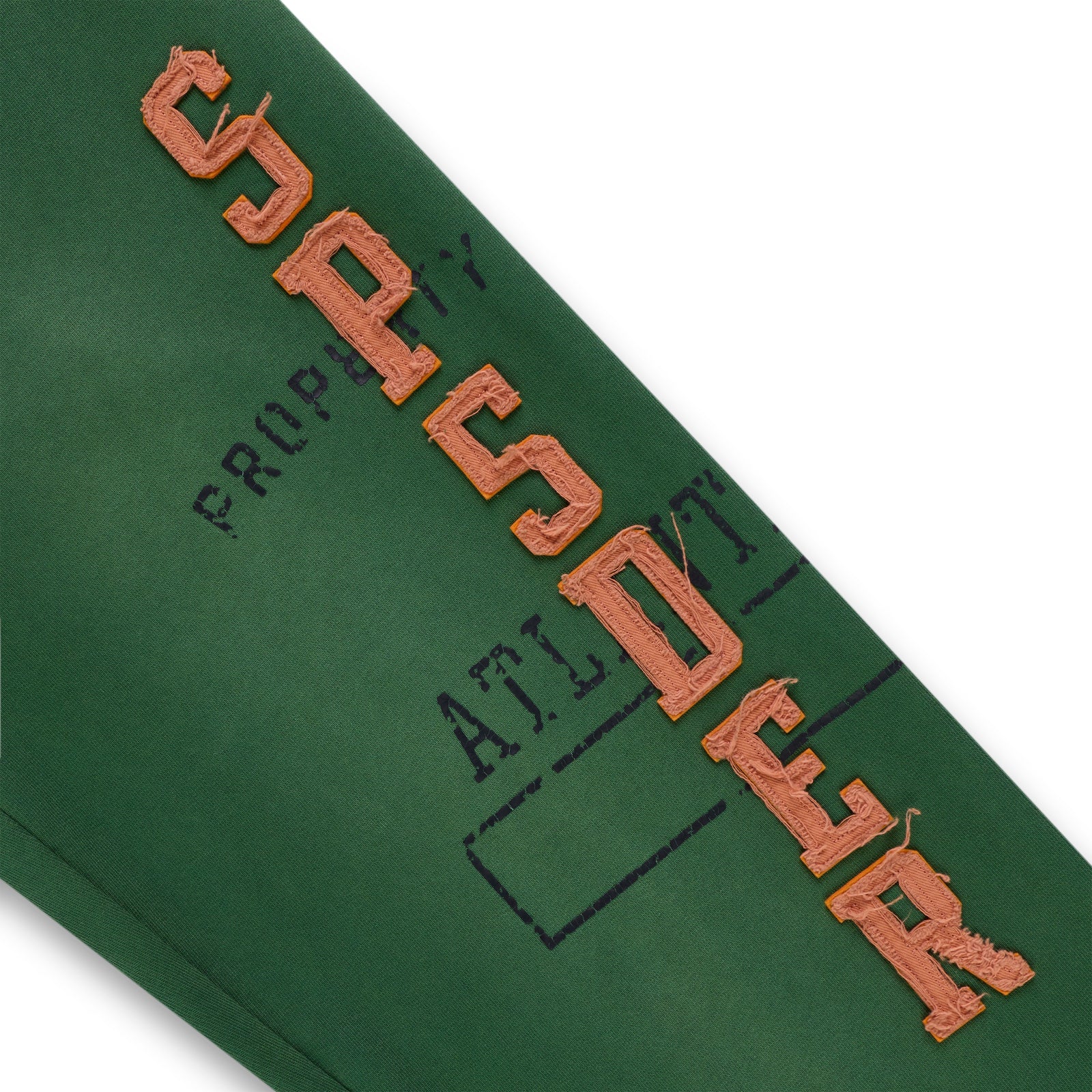 Green cotton fleece sweatpant with raised, frayed orange "SP5DER" lettering and faded graphic print.