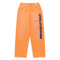 Orange cotton fleece sweatpants with raised chenille "SP5DER" lettering and faded graphic print.