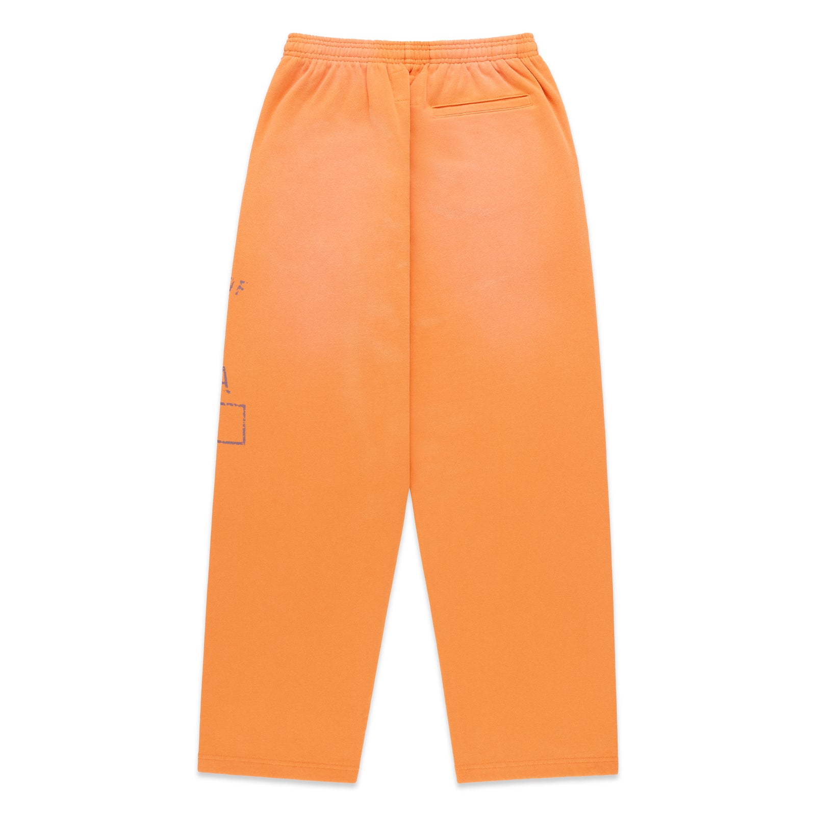 Orange 13oz cotton fleece sweatpants with faded graphic print and wide-leg silhouette.