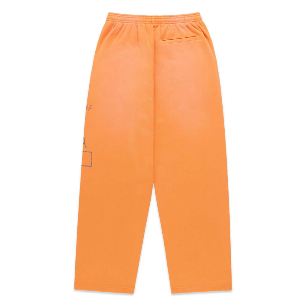 Orange 13oz cotton fleece sweatpants with faded graphic print and wide-leg silhouette.