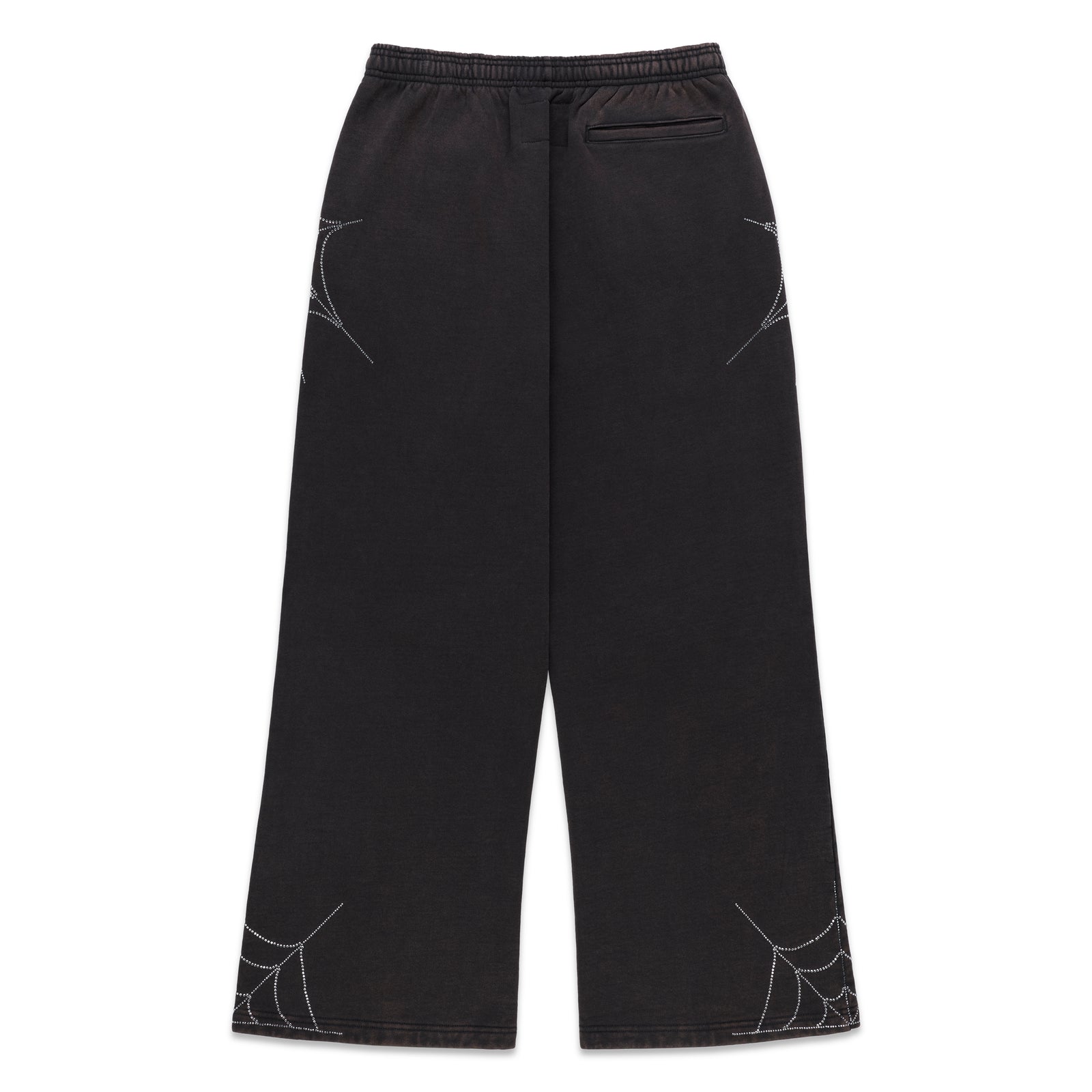 Black cotton fleece sweatpants with rhinestone spider web and text detail, wide-leg.