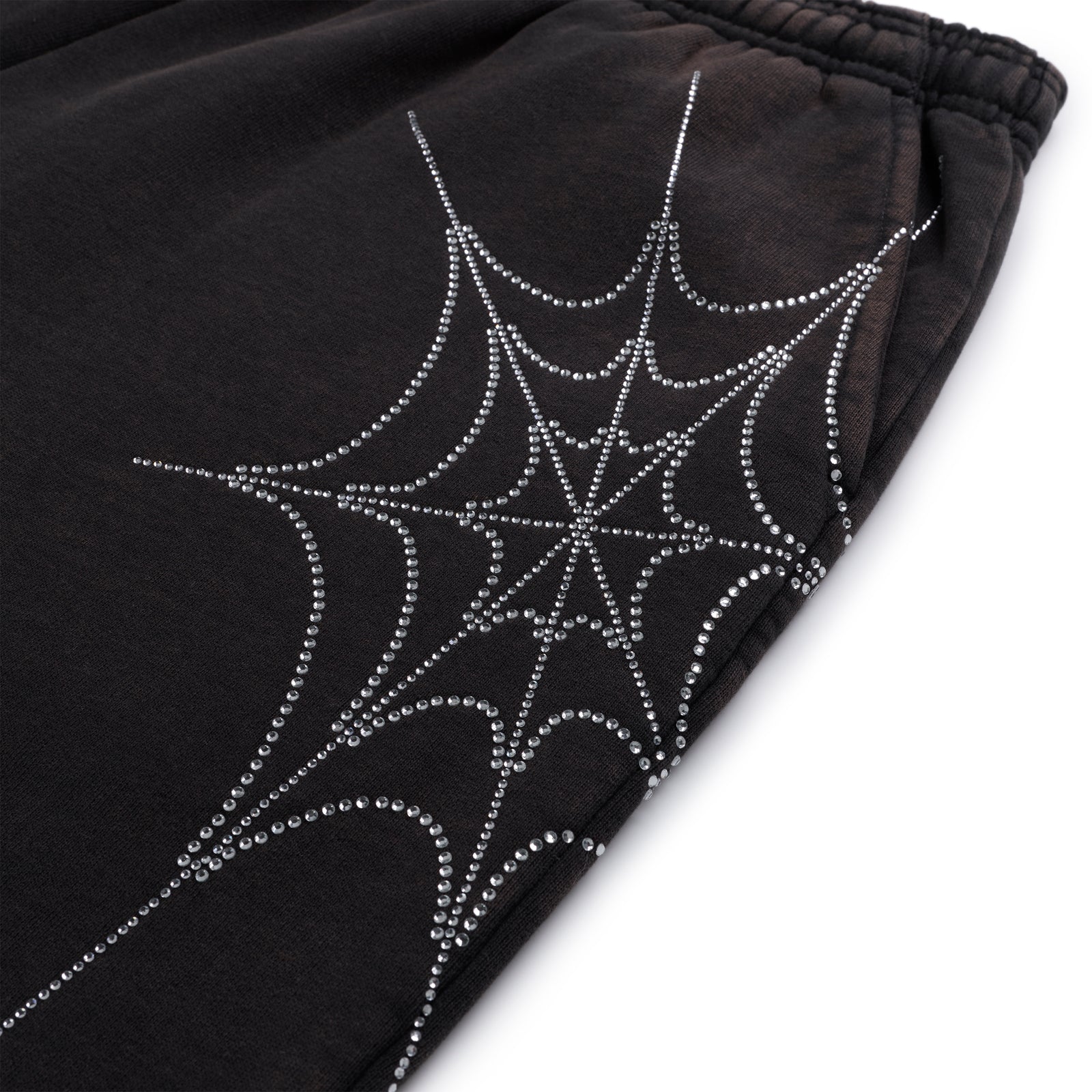 Dark brown cotton fleece sweatpant with a sparkling rhinestone spider web design.