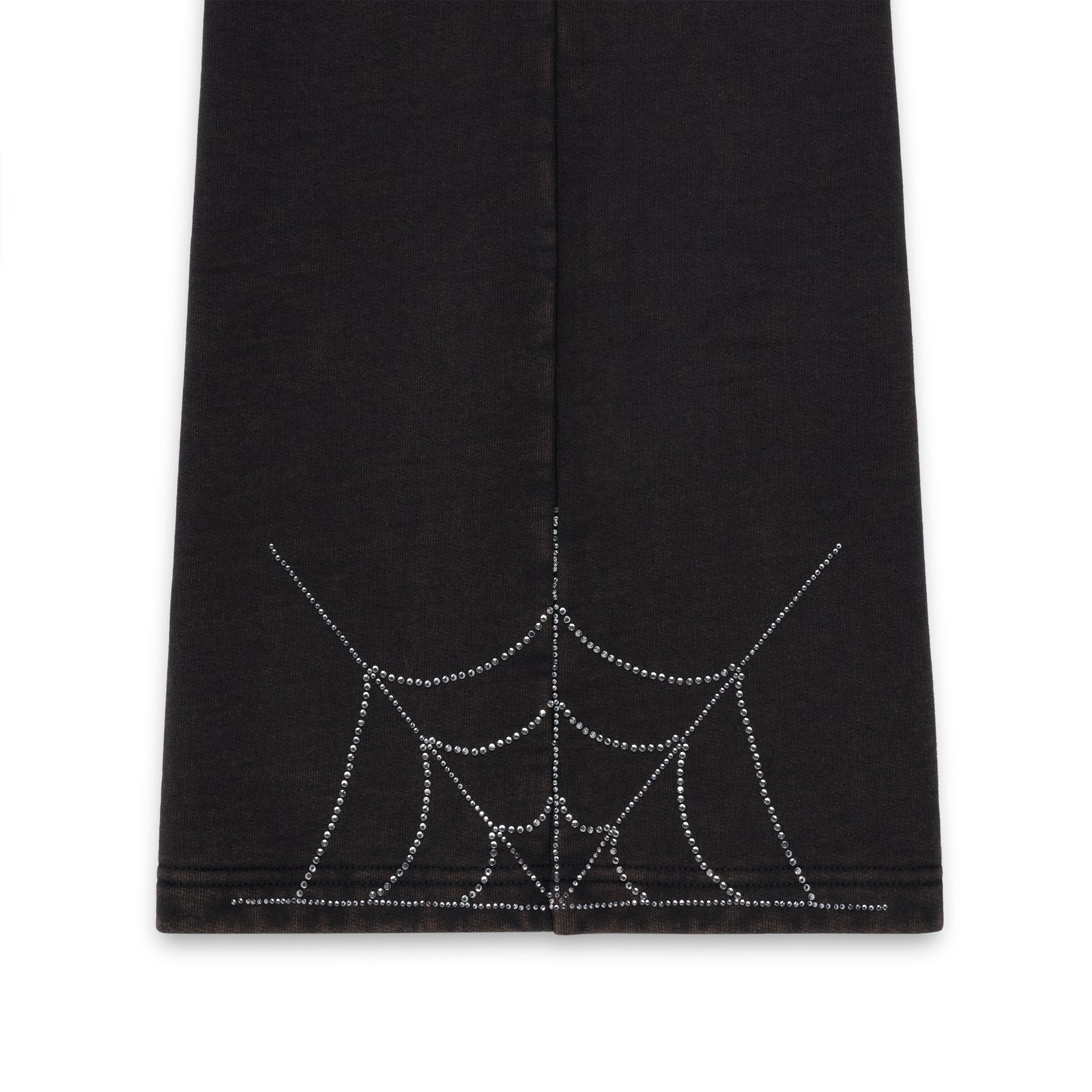 Black cotton fleece sweatpant with rhinestone spider web design.