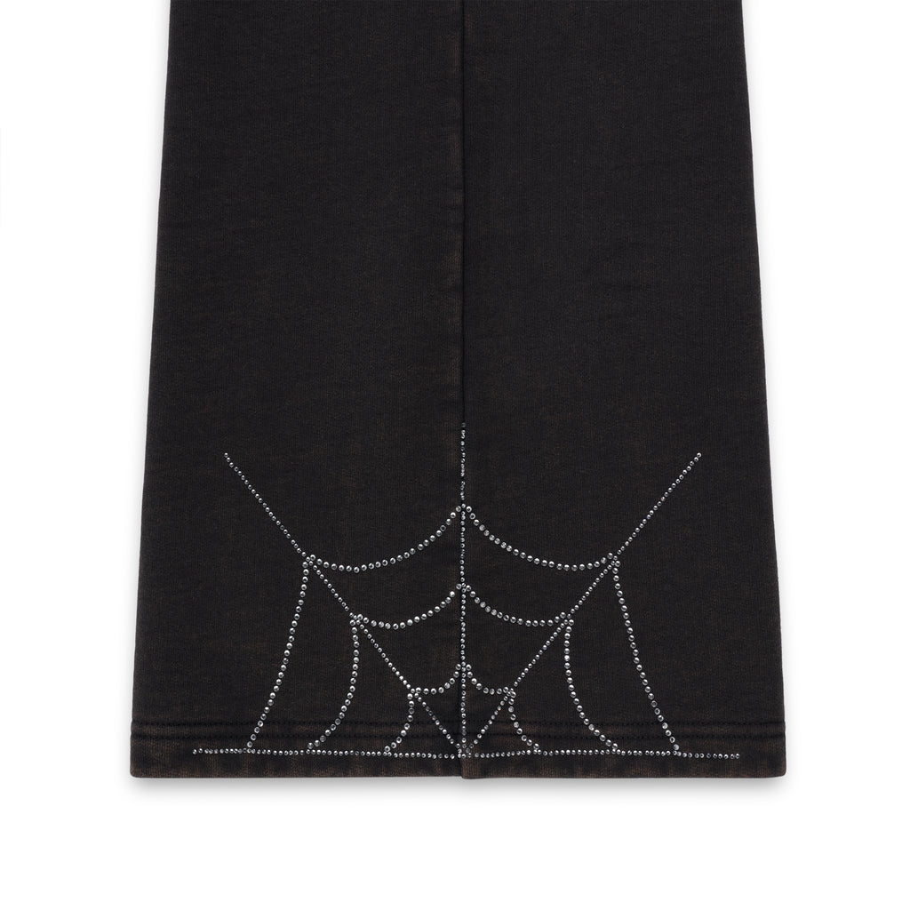 Black cotton fleece sweatpant with rhinestone spider web design.