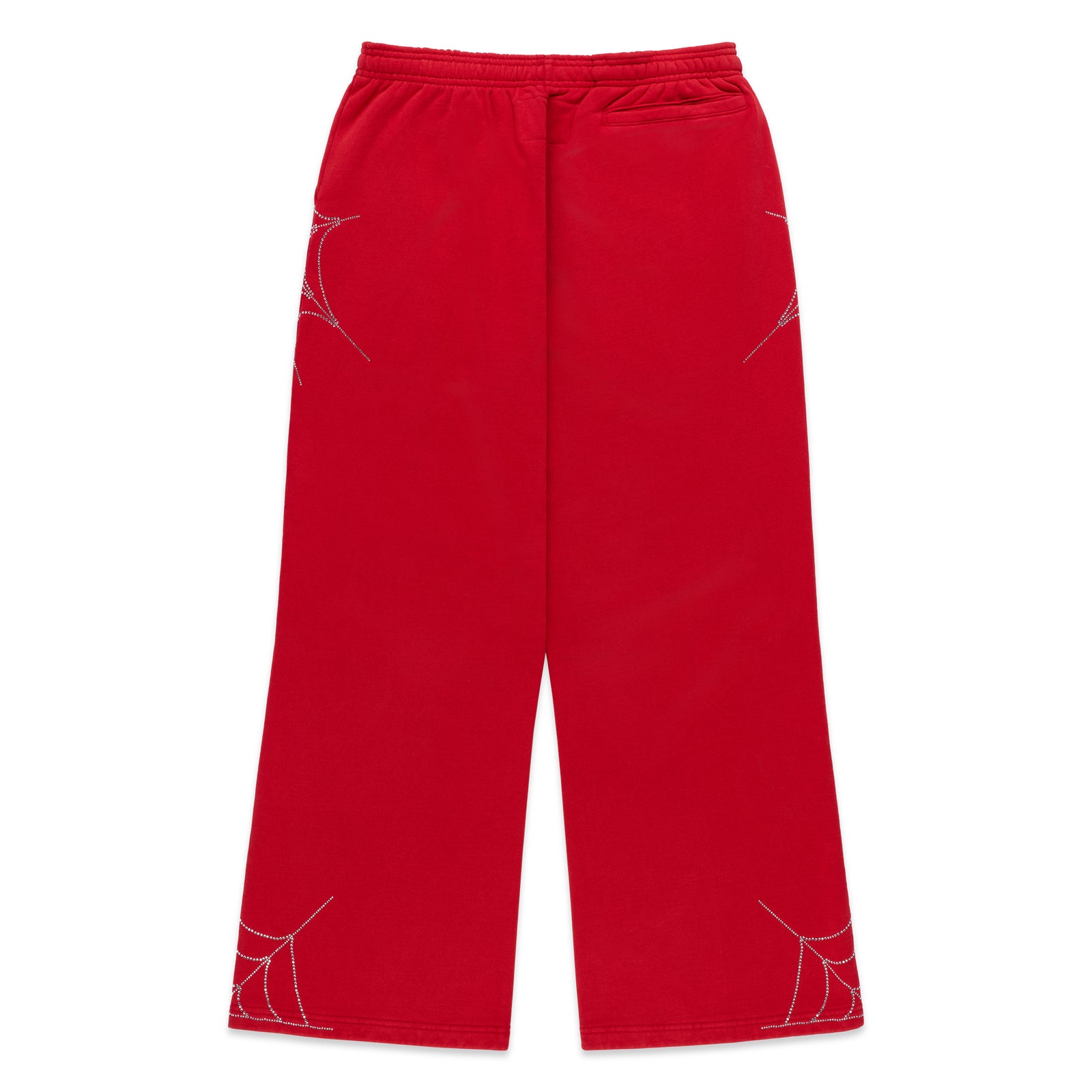 Red cotton fleece sweatpants with rhinestone spider web and text detail, wide-leg.