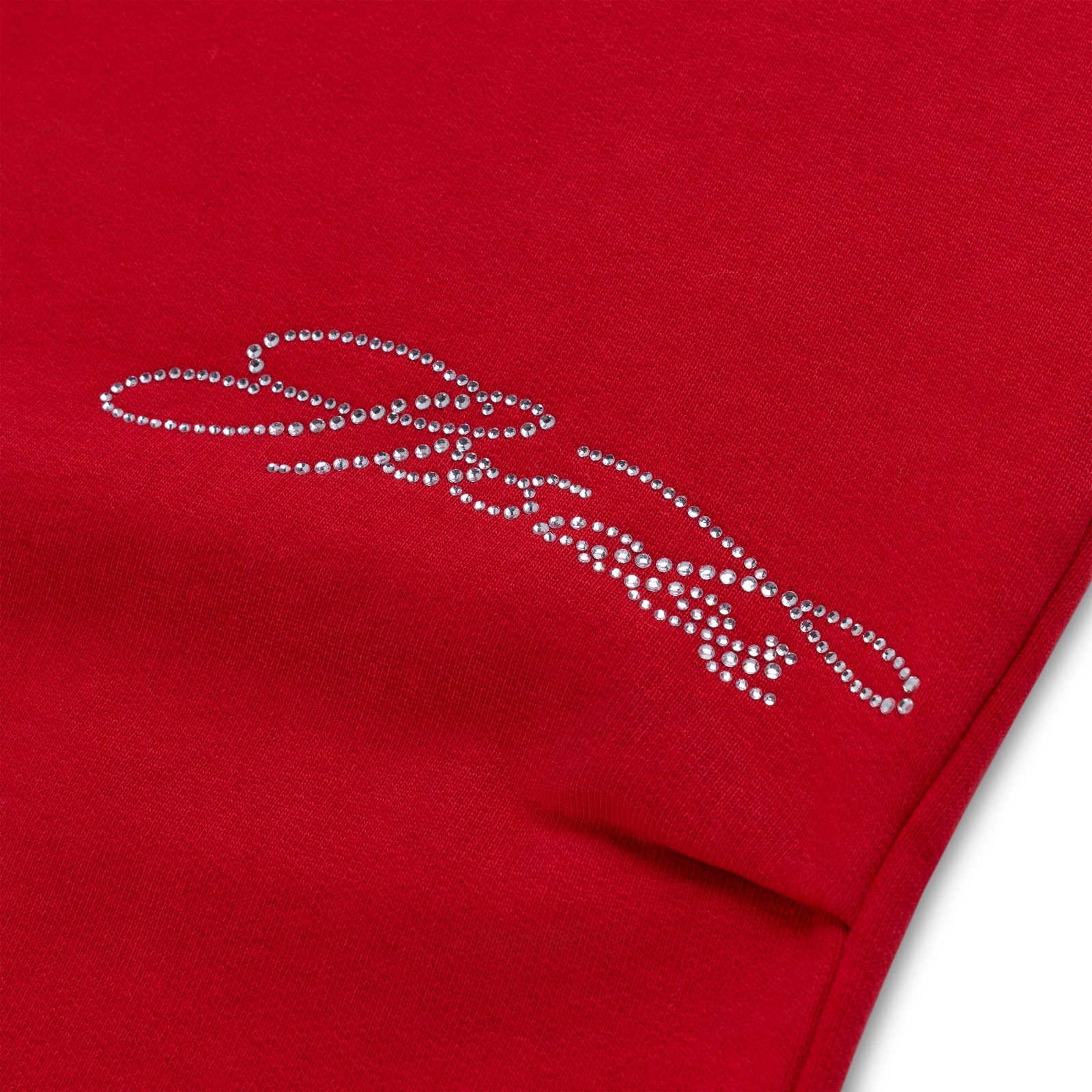 Red cotton fleece sweatpant with sparkling rhinestone web and text detail.