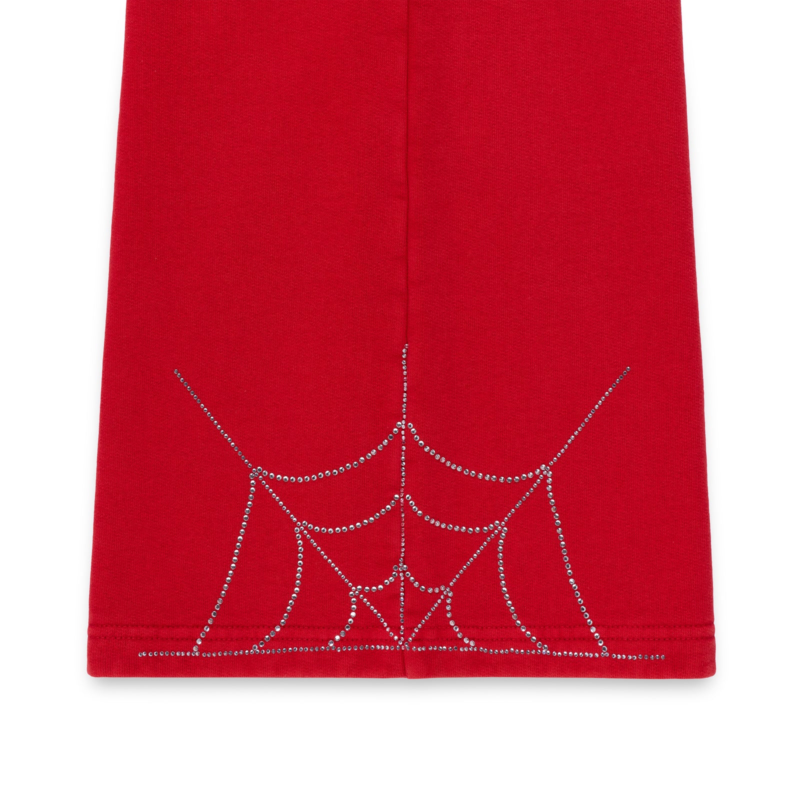 Red cotton fleece sweatpant with sparkling rhinestone spider web detail on the wide leg.