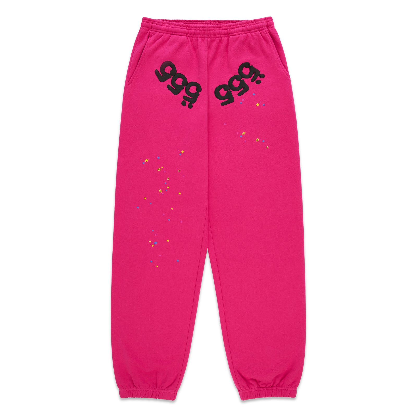 Pink fleece sweatpants with black '555' angel numbers on crotch and scattered colorful stars.