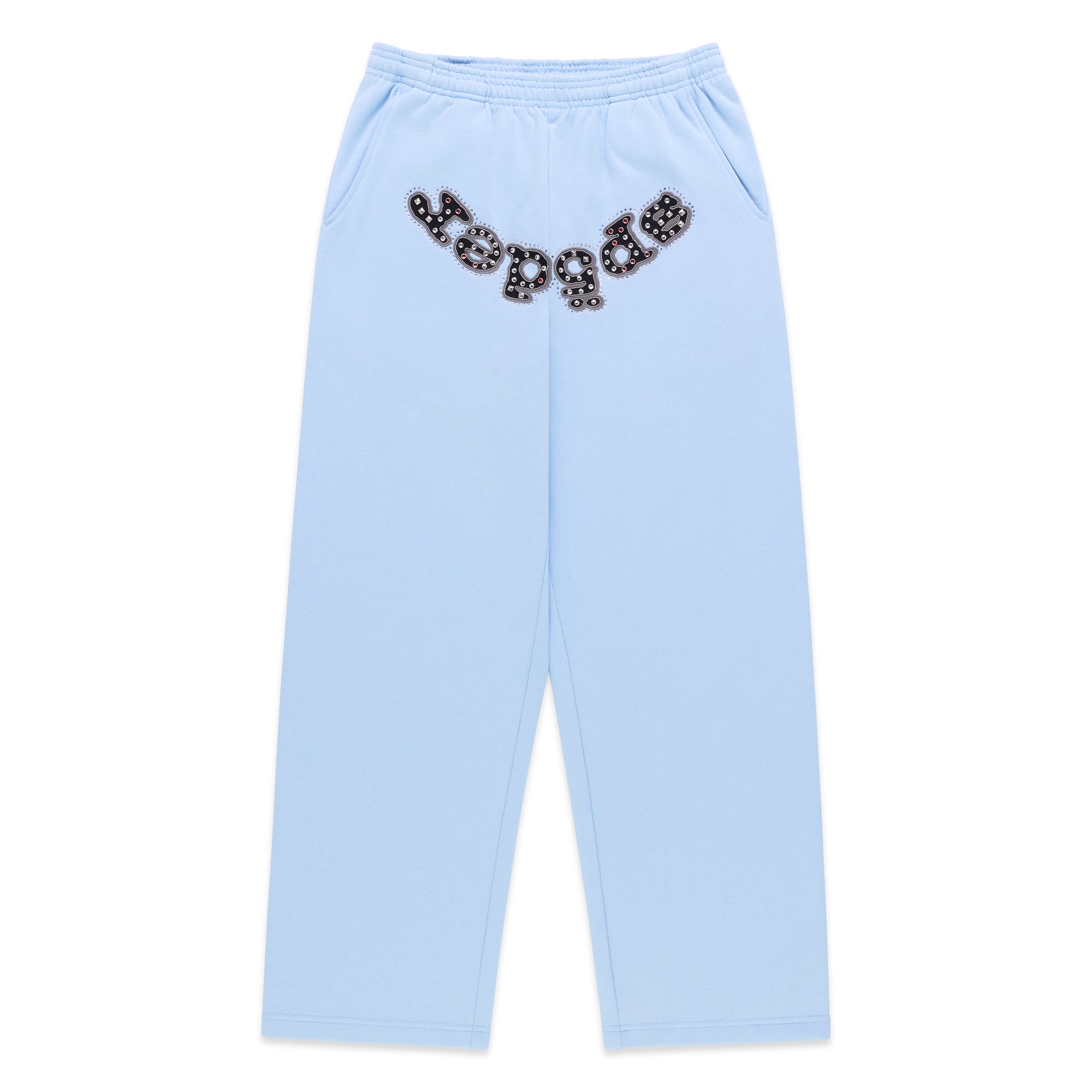 Light blue cotton fleece sweatpants with a wide-leg silhouette and a studded OG logo appliqué across the crotch.